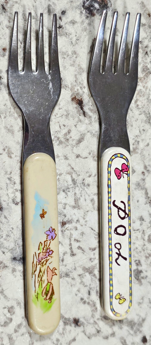 Vintage Disney Selandia Winnie the Pooh Toddler Forks Stainless Melamine 2pc lot